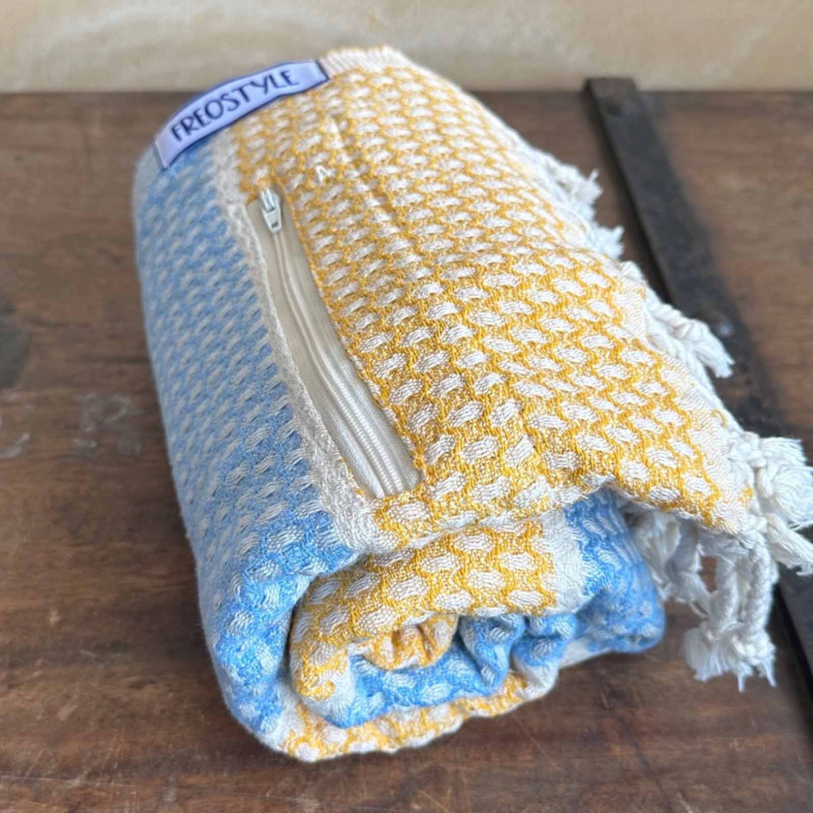 Amalfi Turkish Towel with Pockets, by Freostyle, rolled