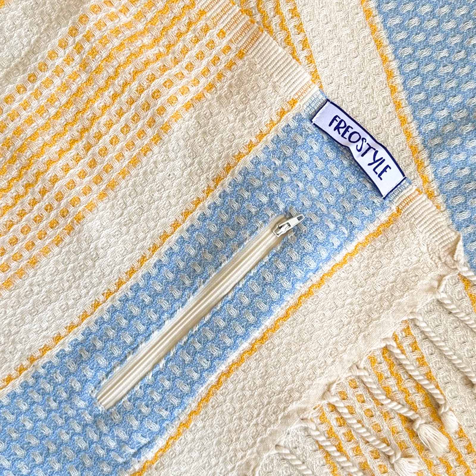 Atrani Turkish Towel with Pockets, by Freostyle, close up of pocket