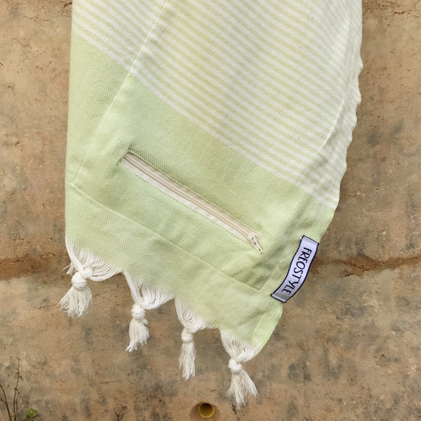 Freostyle Breeze green striped Turkish Towel with pocket, hung