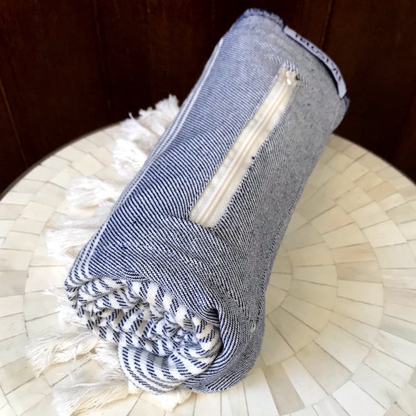 Freostyle Denham navy blue striped Turkish Towel with pocket, rolled