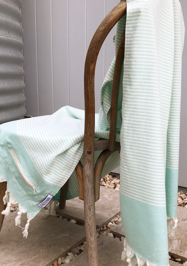 Freostyle Eagle Bay aqua striped Turkish Towel with pocket, displayed