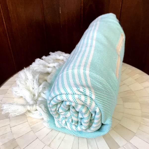 Freostyle Eagle Bay aqua striped Turkish Towel with pocket, rolled