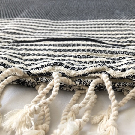 MIdnight black and cream turkish towel with handy pocket