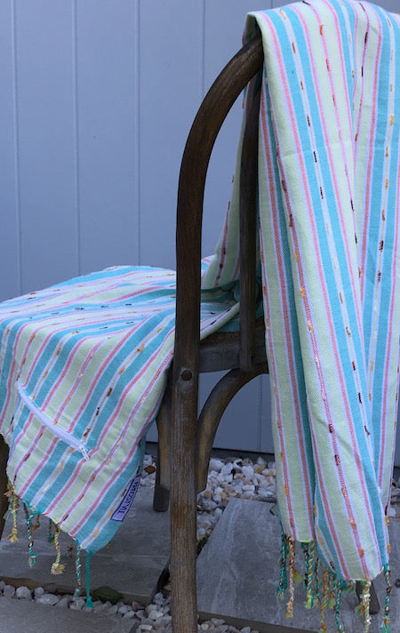 Rockpool: beautiful turkish towel with pocket in greens, blue and orange stripes