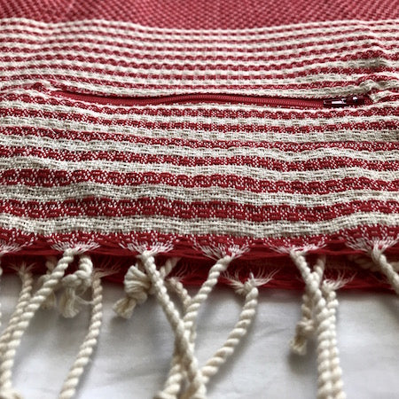 Summer Lovin' authentic turkish towel features a discreet zip-up pocket and cream tassels