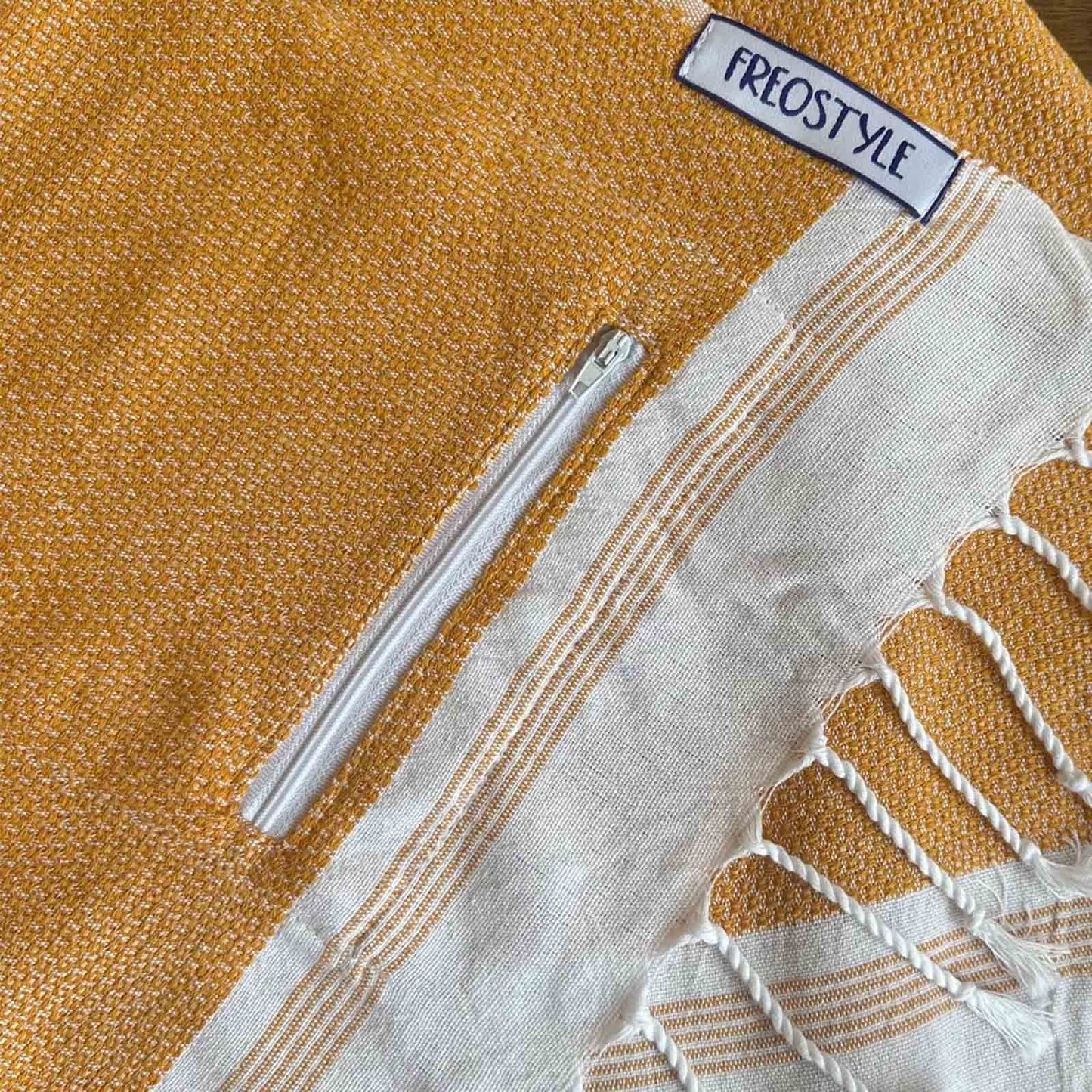 Aure Turkish Towel with Pockets, by Freostyle, close up of pocket