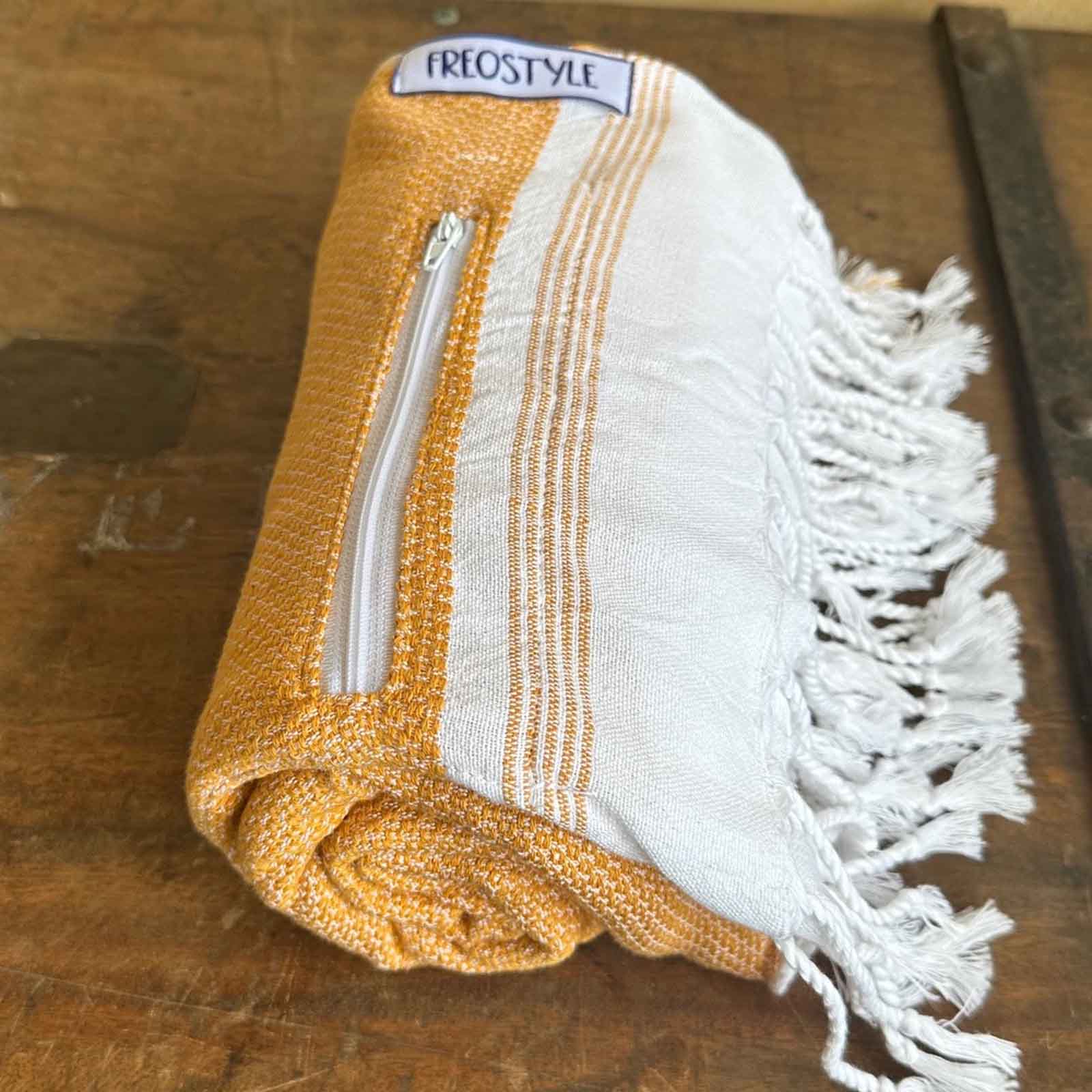 Aure Turkish Towel with Pockets, by Freostyle,  rolled
