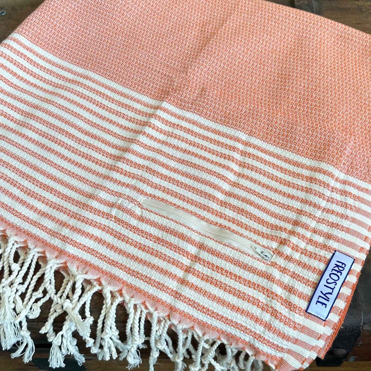 Clementine Turkish Towel with Pockets, by Freostyle, folded