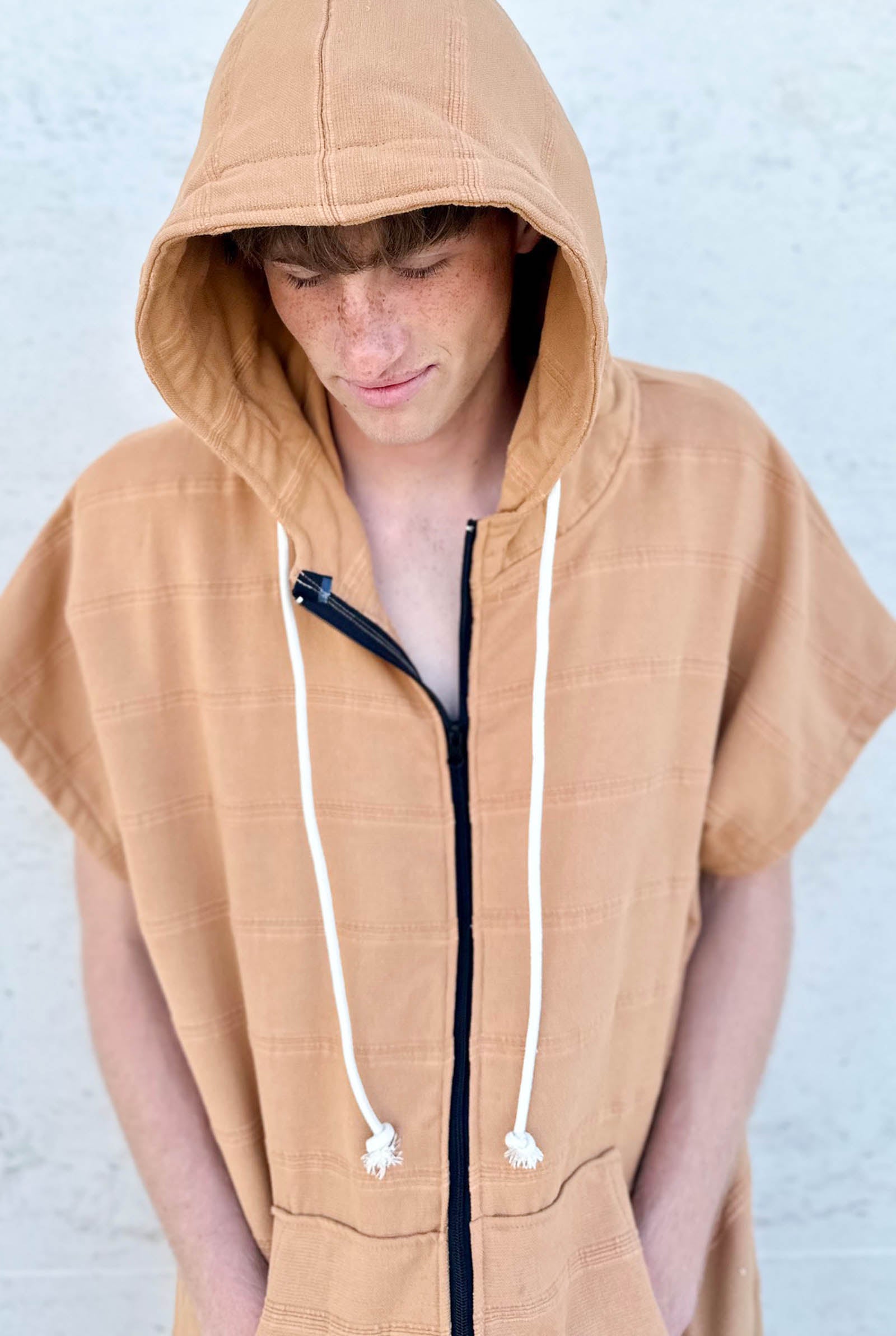 Freostyle Close Up Turkish Cotton Surf Poncho, mustard colour, worn by teen male