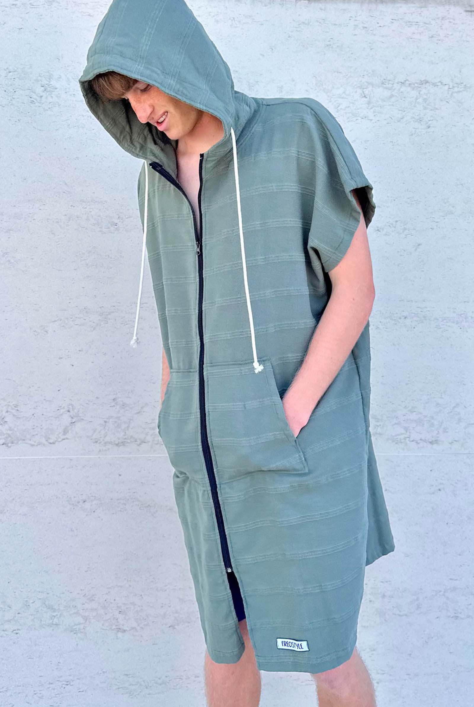 Freostyle Turkish Cotton Surf Poncho, Green Colour, worn by tall teen male