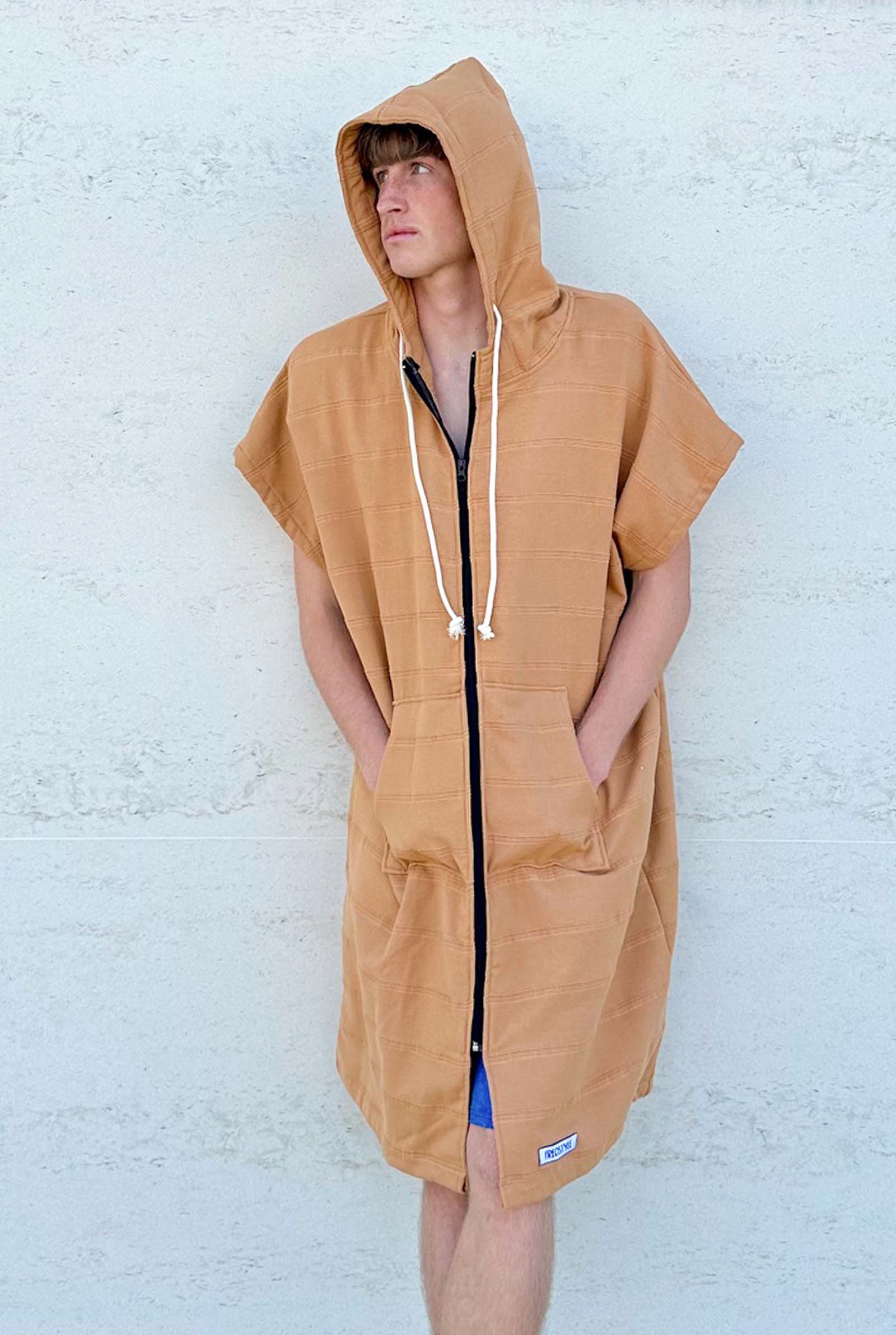 Freostyle Turkish Cotton Surf Poncho, Mustard Colour, worn by tall teen male