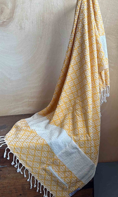 Honeybee Turkish Towel with Pockets, draped. Made by Freostyle