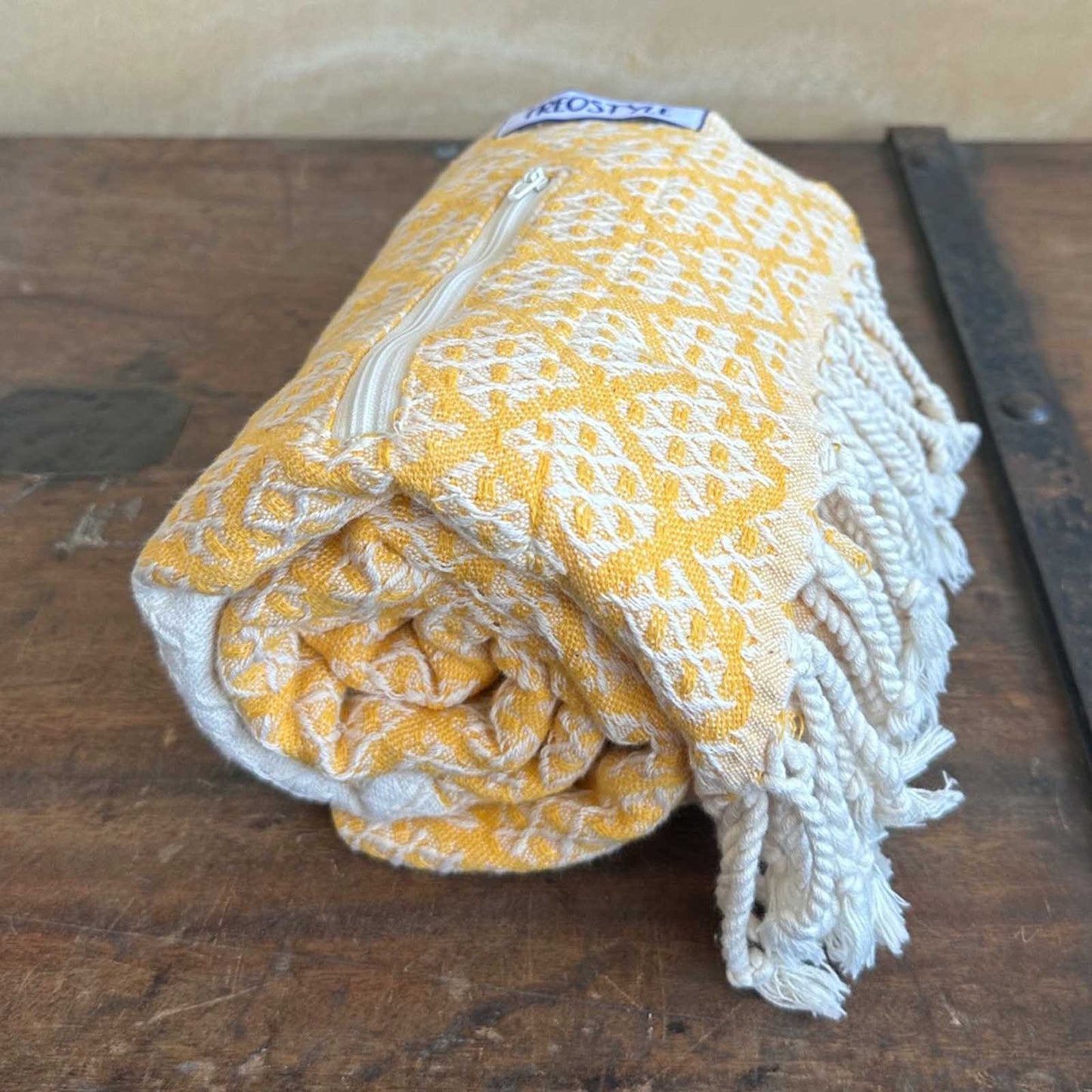 Honeybee Turkish Towel with Pockets, rolled