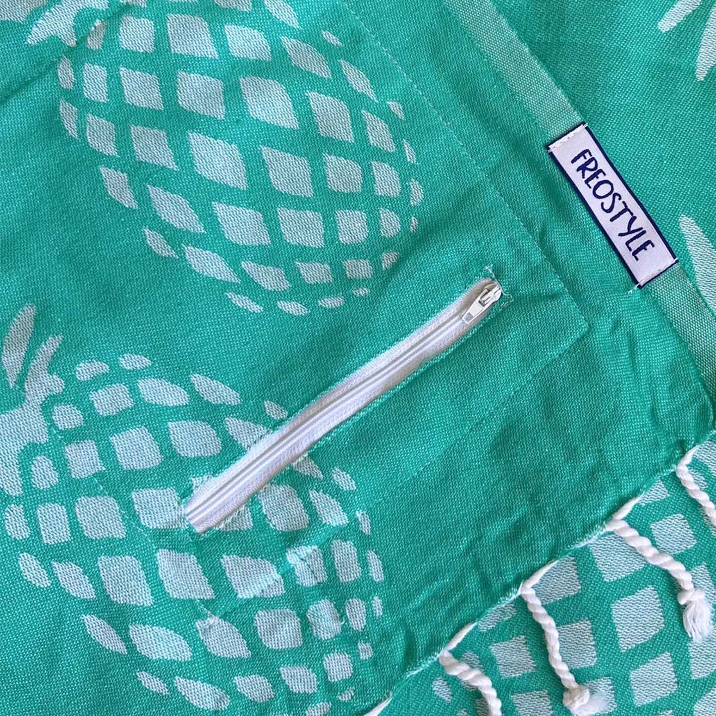 Pineapple Mint Turkish Towel with Pockets by Freostyle, close up of pocket