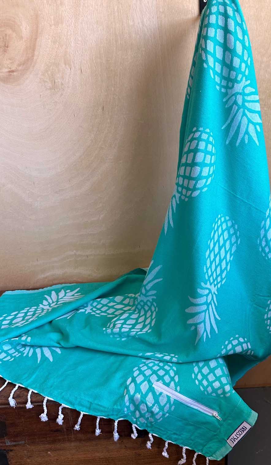 Pineapple Mint Turkish Towel with Pockets by Freostyle, displayed