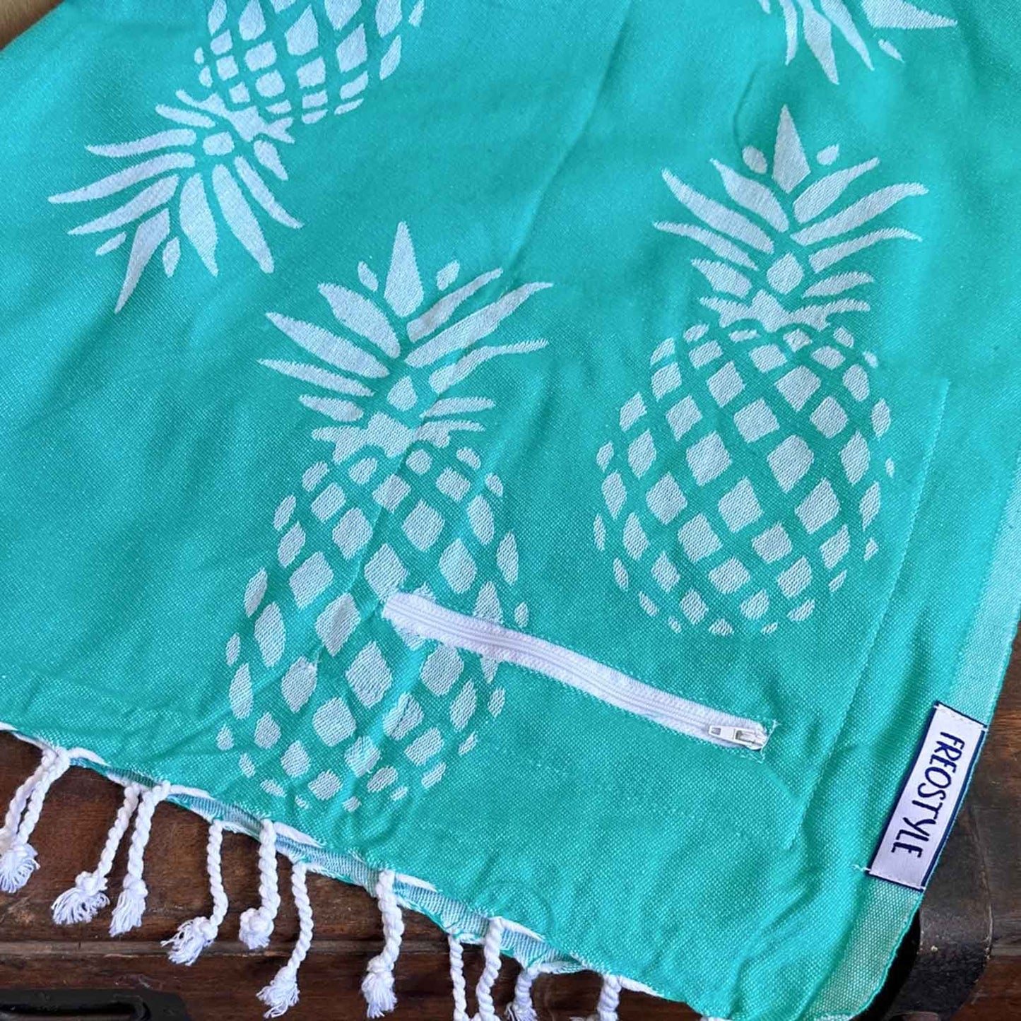 Pineapple Mint Turkish Towel with Pockets by Freostyle, folded