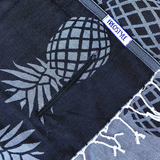 Antigua black pineapples Turkish Towel with Pocket by Freostyle sustainable beach products, close up of pocket\
