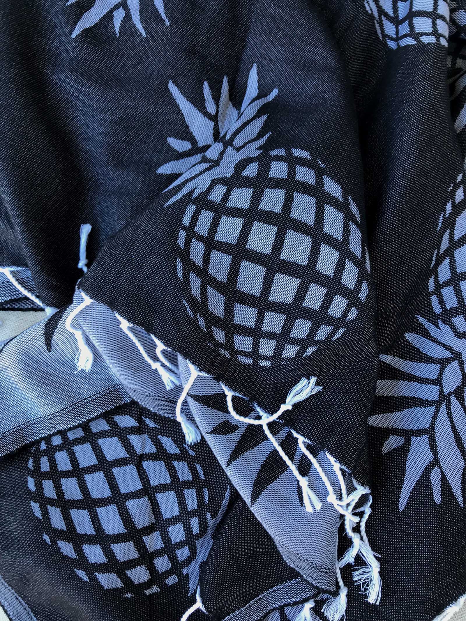 Antigua black pineapples Turkish Towel with Pocket by Freostyle sustainable beach products, close up of weave