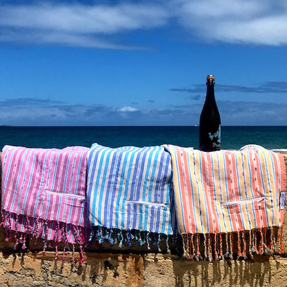 Berry, Oasis and Sunset Stripe, boho Turkish towels with pockets
