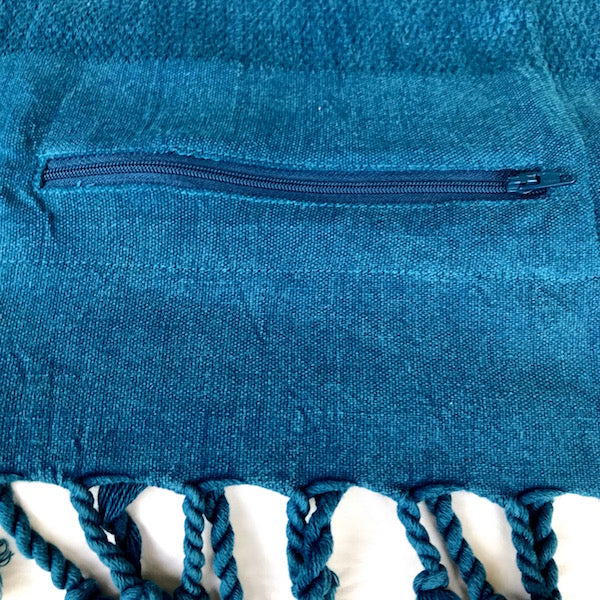 Freostyle Blue Angel indigo Turkish Towel with pocket, close up of zip pocket