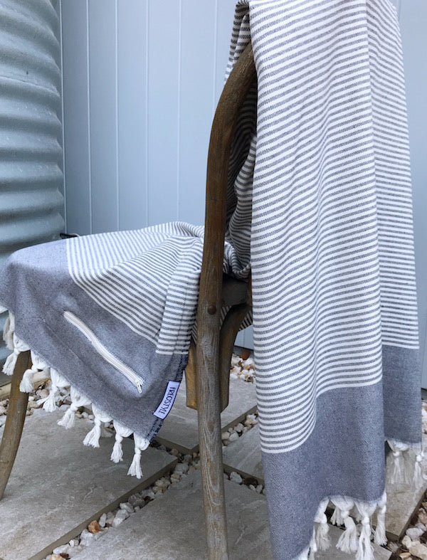 Freostyle Denham navy blue striped Turkish Towel with pocket, displayed
