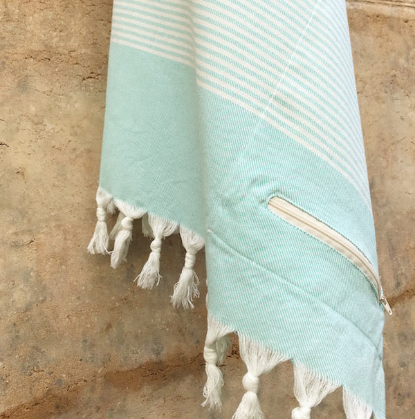 Freostyle Eagle Bay aqua striped Turkish Towel with pocket, hung