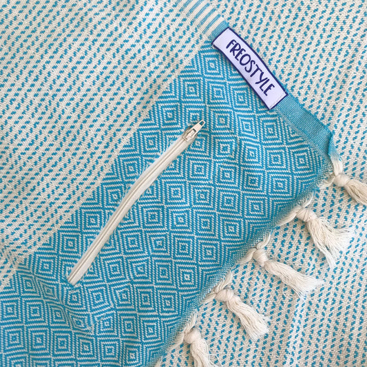 Freostyle Turkish Beach Towel with Pockets, Capri, Aqua Blue, close up of pocket