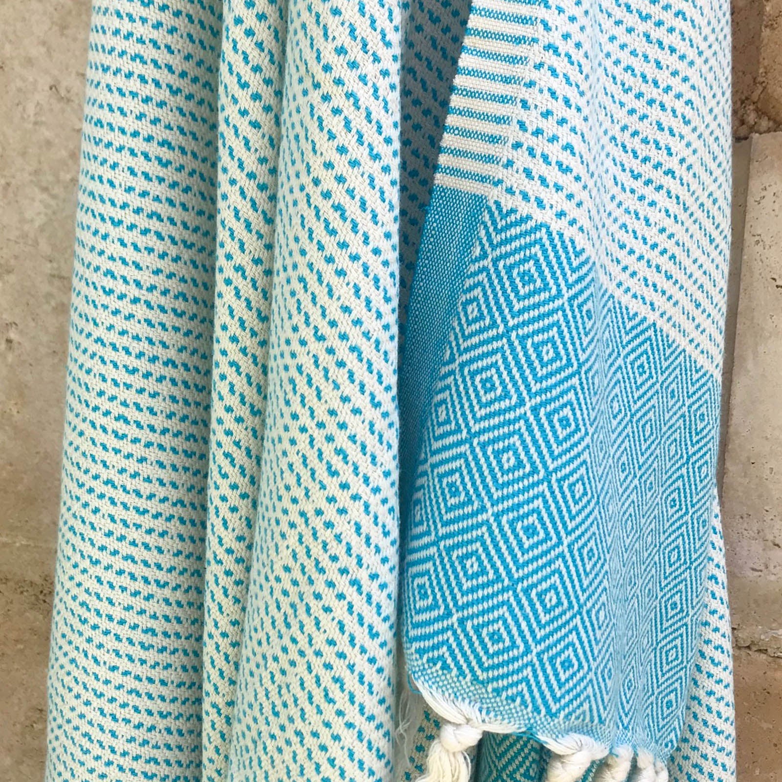 Freostyle Turkish Beach Towel with Pockets, Capri, Aqua Blue, close up of weave hung