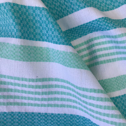 Freostyle Turkish Towels with Pockets, Turquoise Coast print, close up of weave, folded