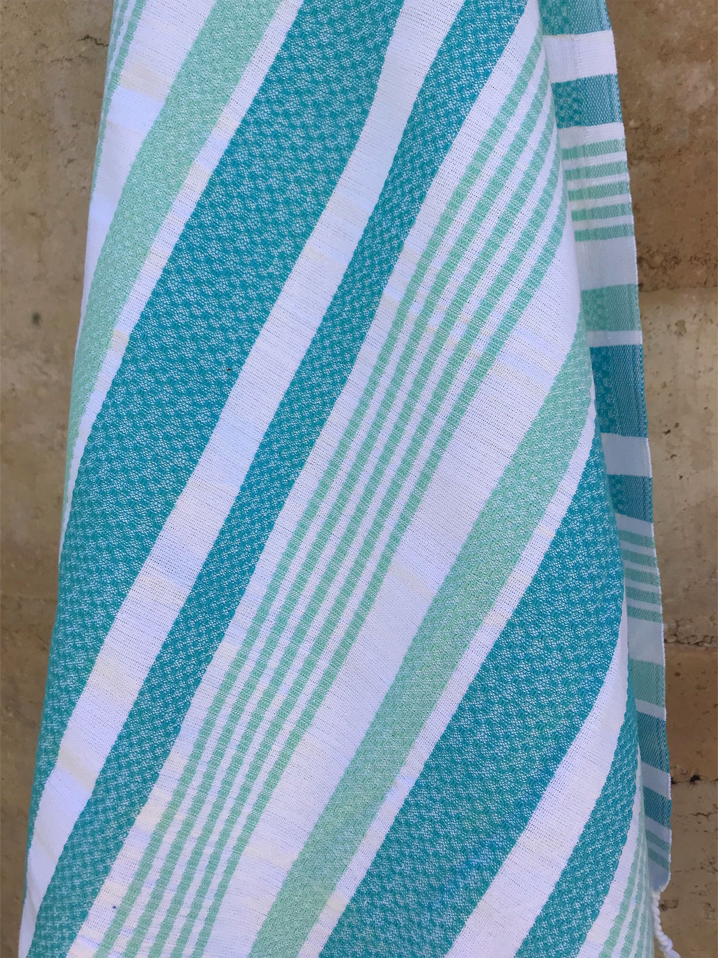 Freostyle Turkish Towels with Pockets, Turquoise Coast print, close up, hung