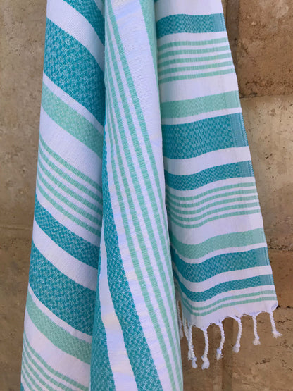 Freostyle Turkish Towels with Pockets, Turquoise Coast print, hung