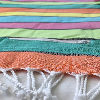 Happy: ethically made authentic Turkish Towel with pocket in a cheerful bold multi-colour stripe