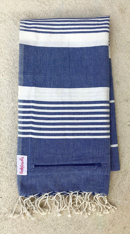 Marari Pocketowel is Blue and White stripe for a coastal vibe. Pocketowels are large beach towels with pockets