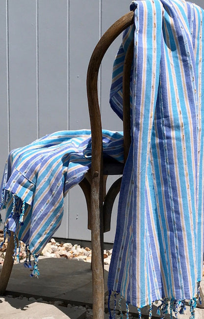 Oasis blue striped turkish towel with pocket - perfect for the beach!
