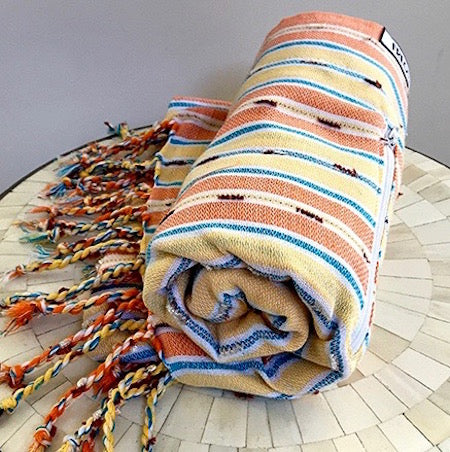 Sunset Stripe Turkish Towel with pocket - rolls up small so perfect for travelling